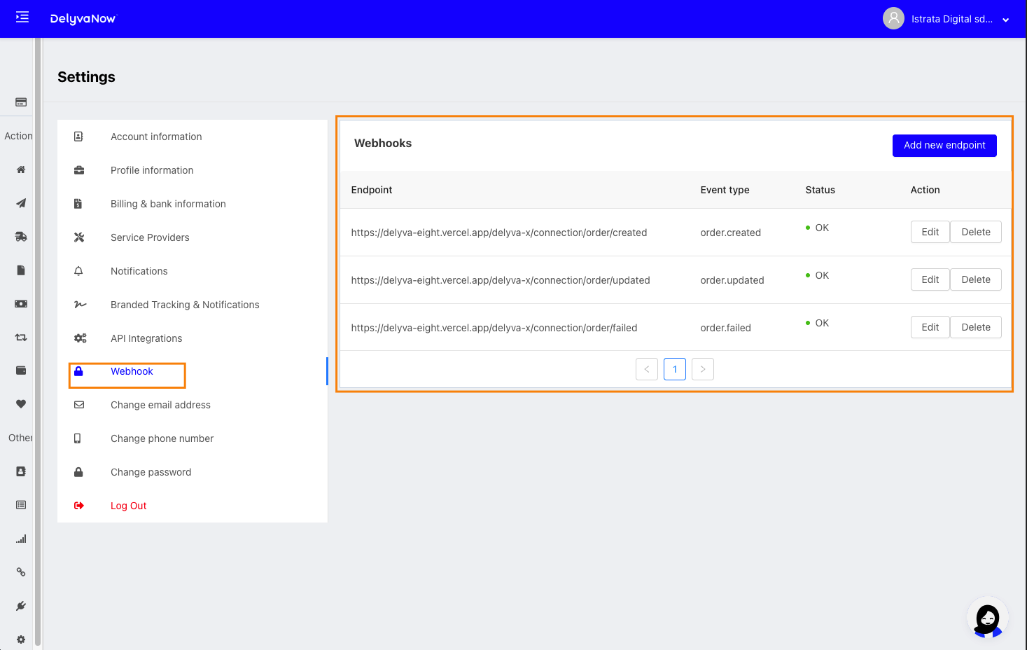 Delyva Webhooks Page”